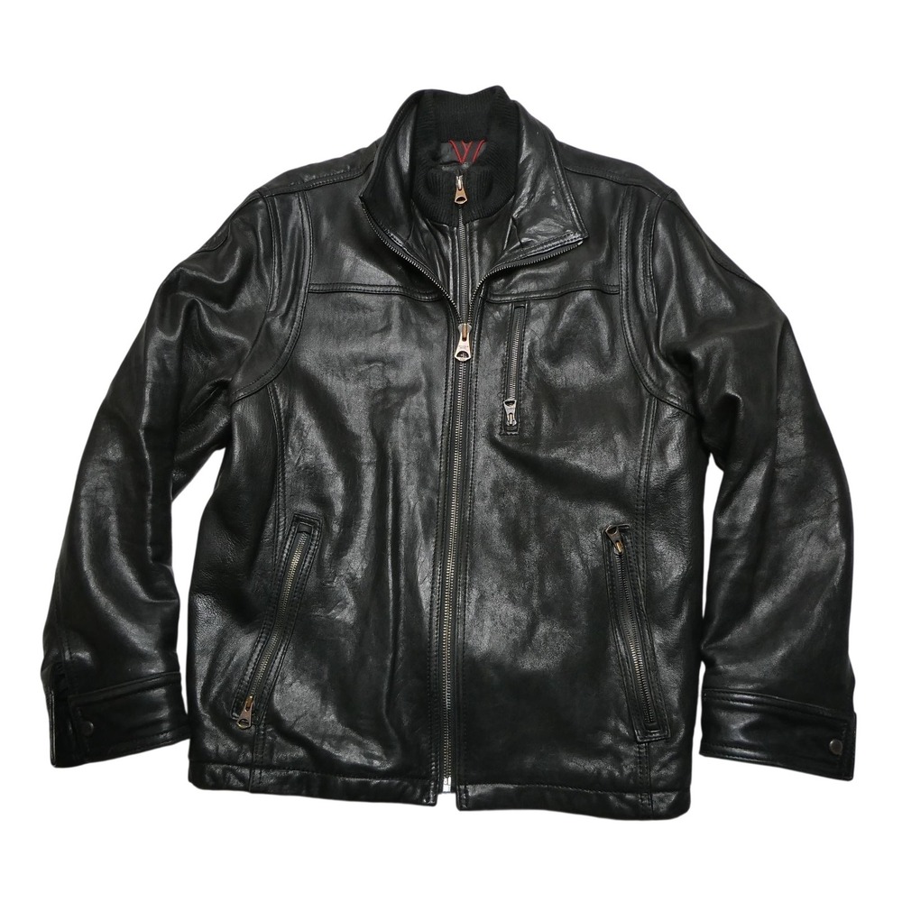 Andrew Marc Leather Jacket Mens Large Black Full Zip Motorcycle Insulated